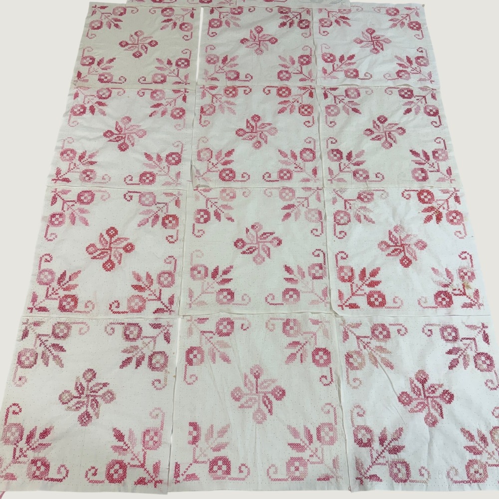 12 Vintage Hand Embroidered Cross Stitch Quilt Blocks 13.5in Pink Floral